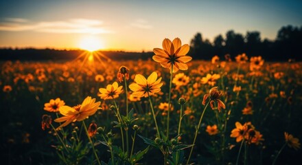 Fototapeta premium Golden Hour Cosmos Field in the Sunset Glow