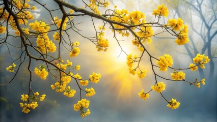 Golden Blossoms Illuminated by the Setting Sun's Rays on a Misty Morning