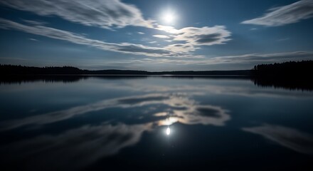 Fototapeta premium Serene Night Moonlit Lake Reflection Photography