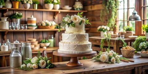 Elegant Three-Tiered Wedding Cake Displayed on Wooden Stand in Rustic Kitchen Setting