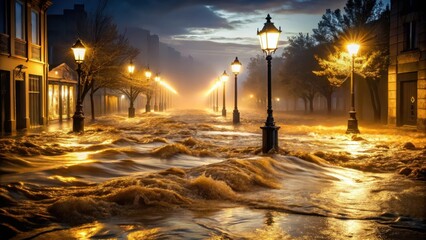 Nighttime Floodwaters Submerge City Street, Illuminating the Scene with Golden Light from Streetlamps