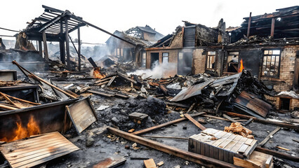 Destroyed brick buildings with collapsed roofs and debris after a fire with smoke and flames isolated on a transparent background