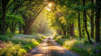 Fototapeta premium Sunlit Path Through a Verdant Canopy of Trees Lined with Blooming Wildflowers