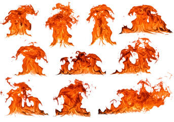 A collection of fiery flames burning with heat and energy isolated on transparent background