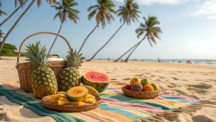 Picnic with tropical fruits on a sandy beach near palm trees