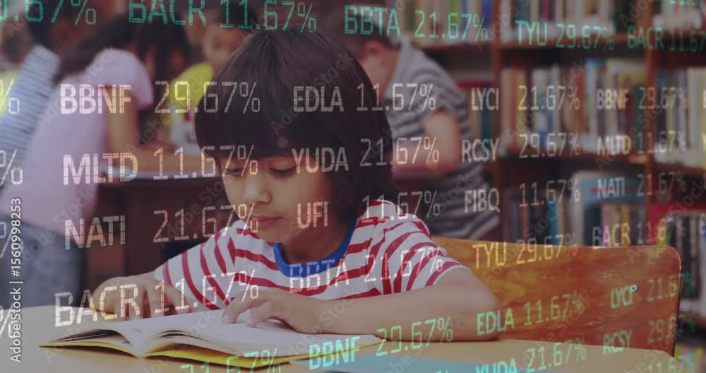 Aufkleber girl tracing text and turning page at library initiating education code overlay tracking metrics