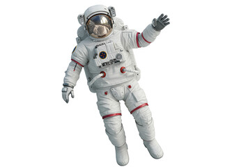 An astronaut in a white space suit floats in zero gravity isolated on transparent background