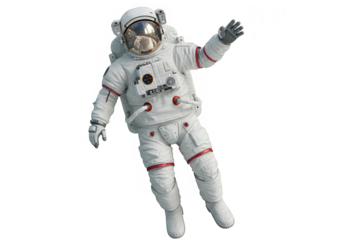 An astronaut in a white space suit floats in zero gravity isolated on transparent background