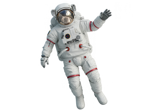 An astronaut in a white space suit floats in zero gravity isolated on transparent background - Powered by Adobe