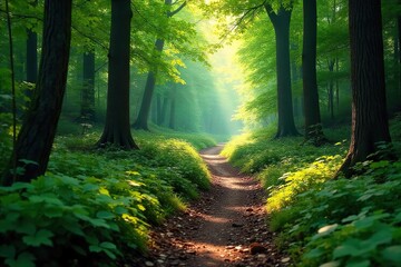 Obraz premium Sun-Dappled Forest Trail Discover Serenity and Adventure on a Lush, Winding Path through Deep Woods