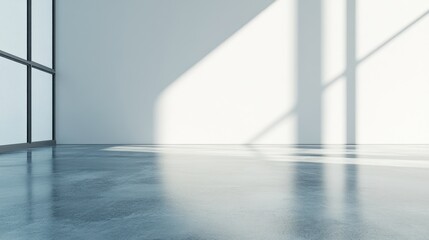 Obraz premium Light streams into a bright, minimal room with a glossy, gray concrete floor