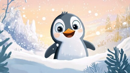 A smiling cartoon penguin standing in snowy winter landscape