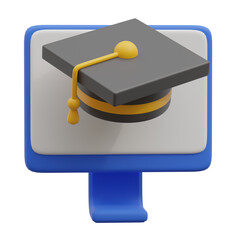 3d render of online learning, e-learning, online training, course. Graduation cap on computer monitor display