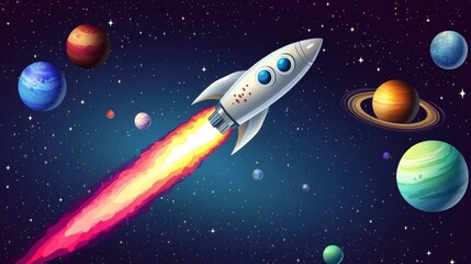 Naklejka premium A cartoon spaceship travels through the vast dark expanse of space