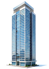 Tall glass skyscraper with white facade and blue windows reflecting sky isolated on white isolated on a transparent background