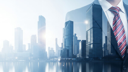 Business person superimposed over city skyline reflecting in water.