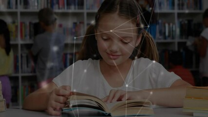 Female child opening book and initiating digital network overlay while reading text for learning - Powered by Adobe