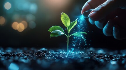 A human hand carefully watering a small glowing plant growing from a digital blueprint, on blur background 