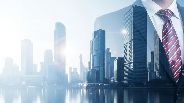 Business person superimposed over city skyline reflecting in water.