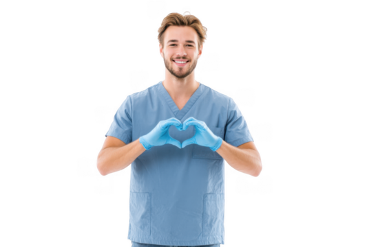 A smiling male healthcare professional in scrubs forms a heart shape with his hands. symbolizing care and compassion. set against a clean white background. ideal for health-related themes