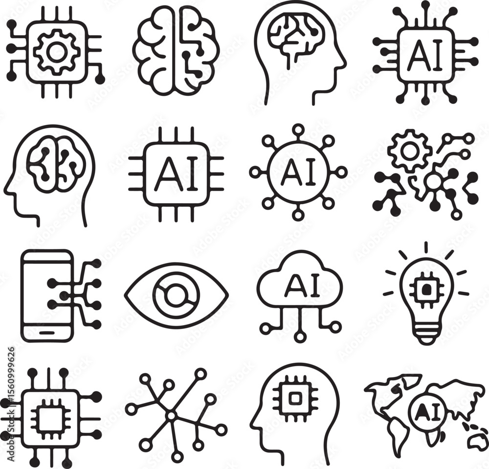 Poster artificial intelligence icons ai technology and brainpower graphics