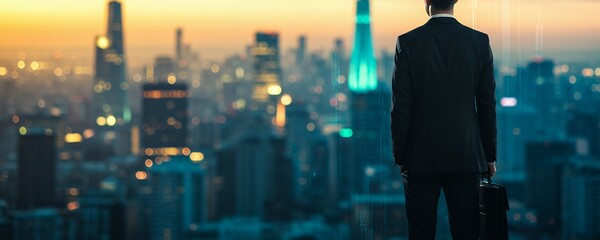 Businessman with briefcase overlooking a cityscape at dusk or dawn from a high vantage.