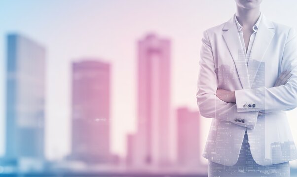 Businessperson in white suit stands with city skyline background blurred and colorful.