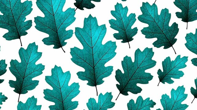 A pattern of teal oak leaves on a white background. The leaves vary in size and shape, showcasing their distinct lobed edges and vibrant color.