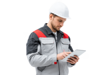 A construction worker in a safety helmet and gray uniform intently examines data on a tablet. showcasing modern technology in a bright. minimalist environment