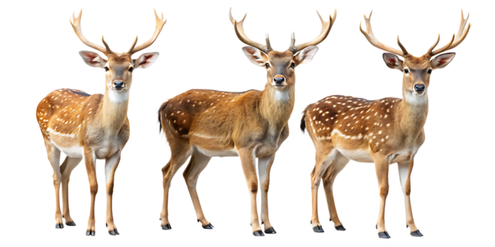 Three spotted deer with antlers standing side by side on black background Ai isolated on a transparent background