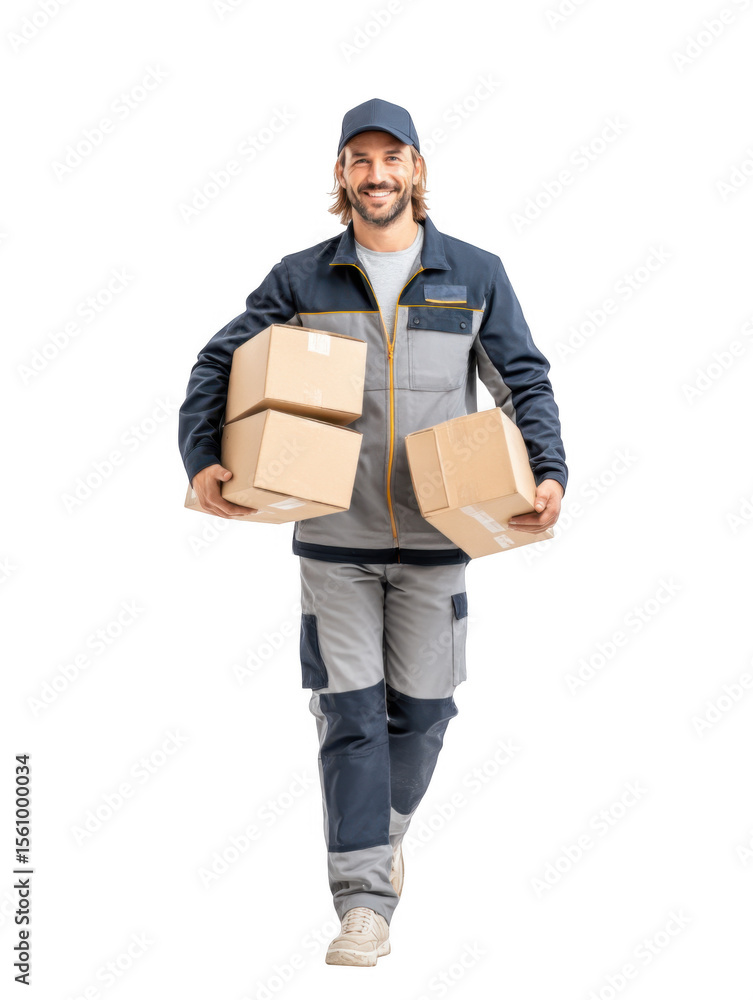 Poster a delivery worker smiling while carrying multiple cardboard boxes. dressed in a uniform. against a p