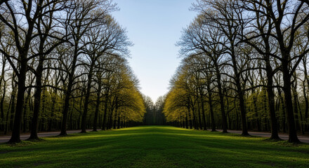 Obraz premium Symmetrical view of a park with trees lining a grassy field leading to a bright horizon point