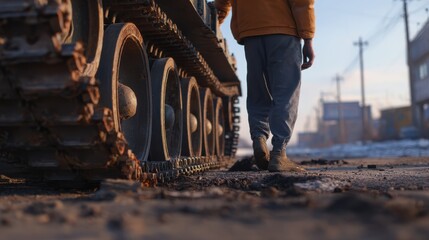 A man walks in front of a tank with chains on it