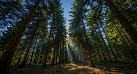 Fototapeta premium A view looking up through tall trees in a dense forest with sunlight streaming through the canopy above