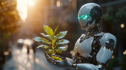 A humanoid AI robot holding a glowing green plant in its metallic hands, symbolizing eco-friendly artificial intelligence, blurred background