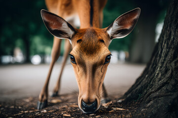 Curious deer sniffing the ground near a tree in a park, close-up wildlife portrait
