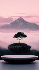 Lone Tree on Misty Hilltop with Majestic Mountain View &ndash; Tranquil and Enchanting Nature Landscape, 