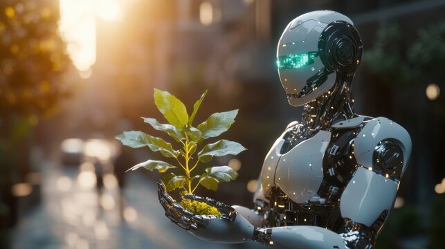 A humanoid AI robot holding a glowing green plant in its metallic hands, symbolizing eco-friendly artificial intelligence, blurred background