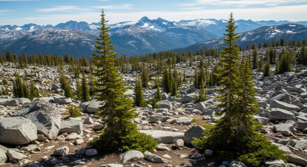 Fototapeta premium A landscape view of rocky terrain with evergreen trees and snow capped mountains in the distance