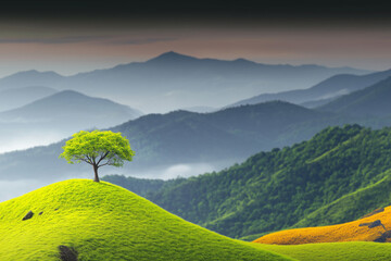  Lone Tree on Misty Hilltop with Majestic Mountain View – Tranquil and Enchanting Nature Landscape,