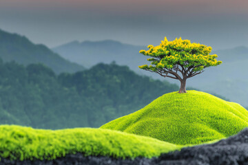  Lone Tree on Misty Hilltop with Majestic Mountain View – Tranquil and Enchanting Nature Landscape,