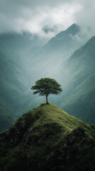  Lone Tree on Misty Hilltop with Majestic Mountain View – Tranquil and Enchanting Nature Landscape,