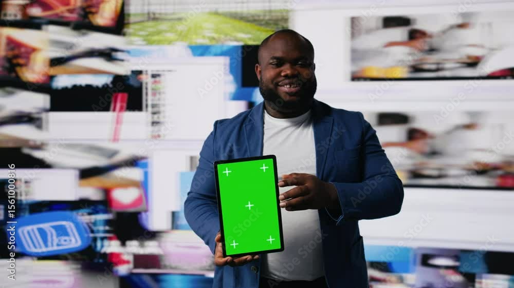 Aufkleber digital world showing black user navigating visualized data and mockup, apps and social networks wit