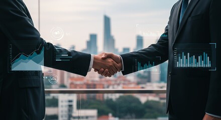Two men shaking hands with a city skyline and data overlays.