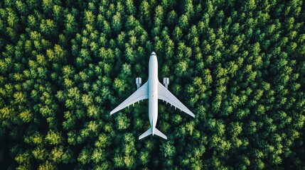 Sustainable aviation fuel concept of flight running on biofuel green energy An aerial view of an airplane flying over green forest