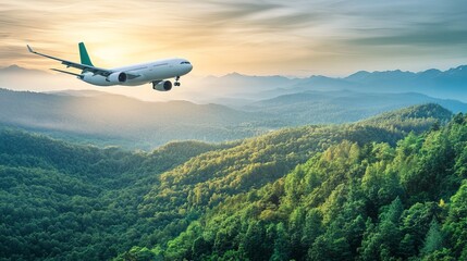 Fototapeta premium Sustainable aviation fuel concept of flight running on biofuel green energy An aerial view of an airplane flying over green forest