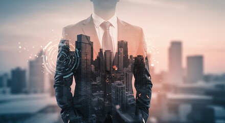 Businessman silhouette with city skyline overlay representing ambition and corporate success.