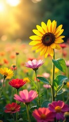 Obraz premium Majestic Sunflower and Vibrant Wildflowers Bask in Golden Sunlight, a Breathtaking Summer Meadow Scene