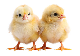 Obraz premium Two fluffy yellow baby chicks standing side by side with orange feet isolated on a transparent background 1