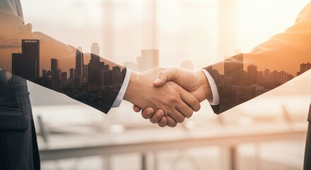 Two people shake hands with a city skyline overlay business agreement.